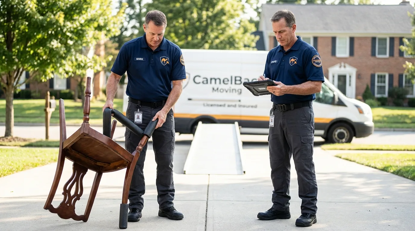 Movers inspecting furniture for damage prevention before loading in Halifax, VA