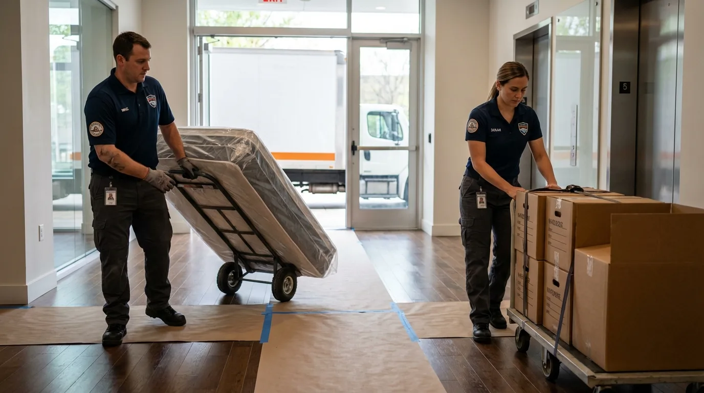 Professional apartment movers loading elevator in Halifax, VA